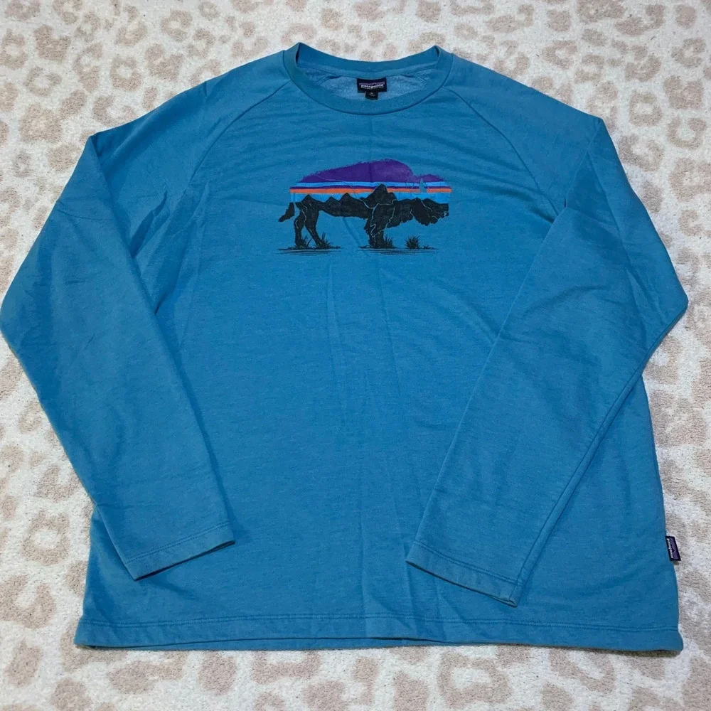 Patagonia Long Sleeve Shirt Blue‎ Bison Graphic Organic Cotton XL Mens